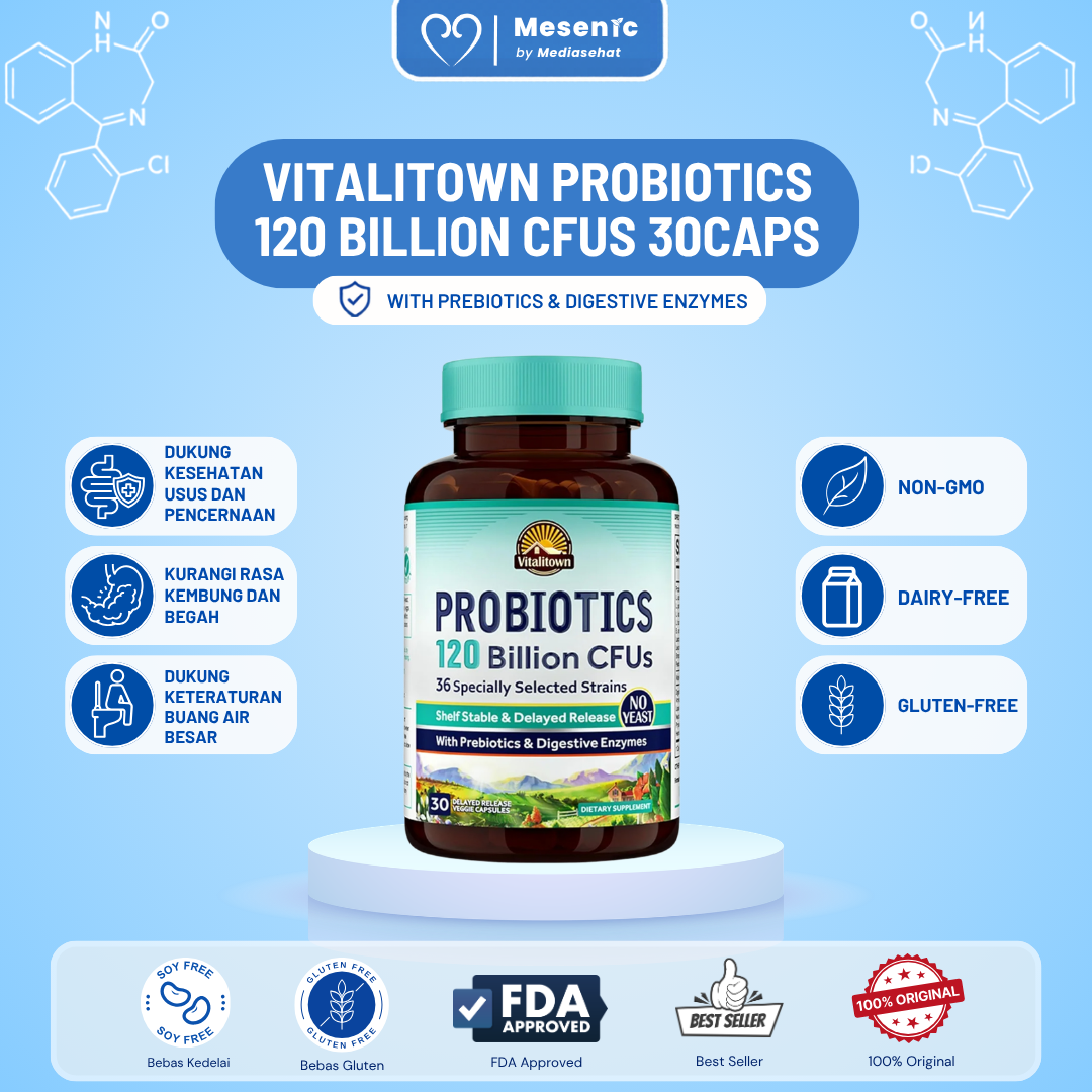 Vitalitown Probiotics 120 Billion CFUs Dengan Prebiotik & Enzim Pencernaan